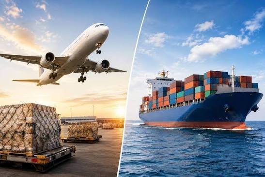 Cargo ship carrying containers and air freight aircraft for international logistics