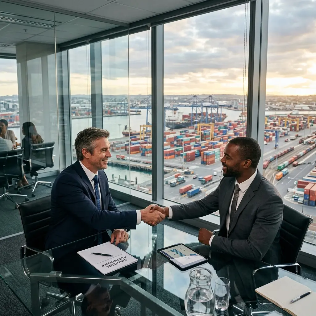 Trade consultant shaking hand with client after successful meeting