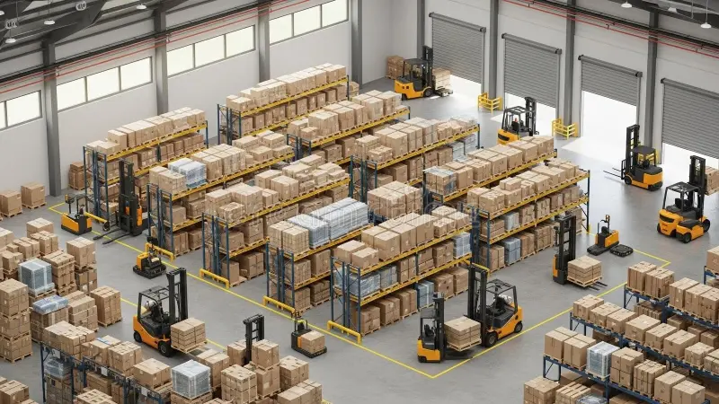 Forklifts loading cargo pallets in modern commercial warehouse facility